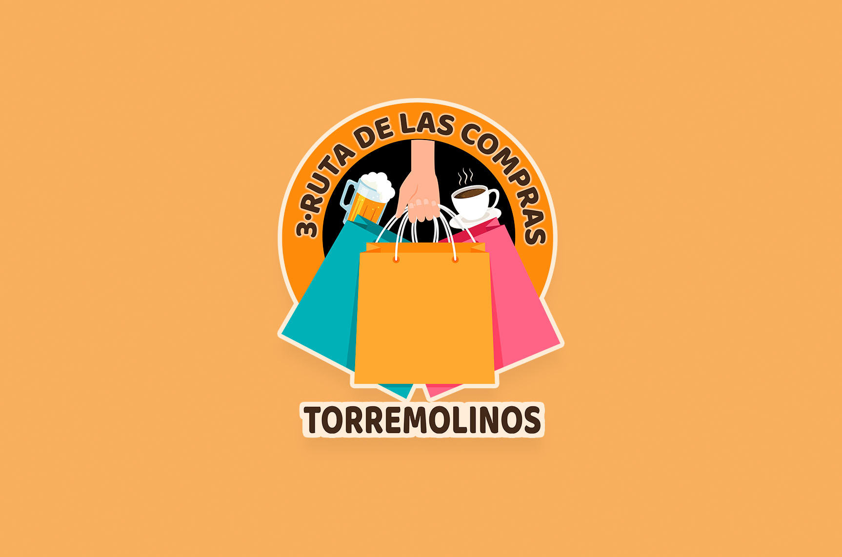 Logotipo oficial de la 3ª Ruta de las Compras de Torremolinos con bolsas de compras, café y cerveza