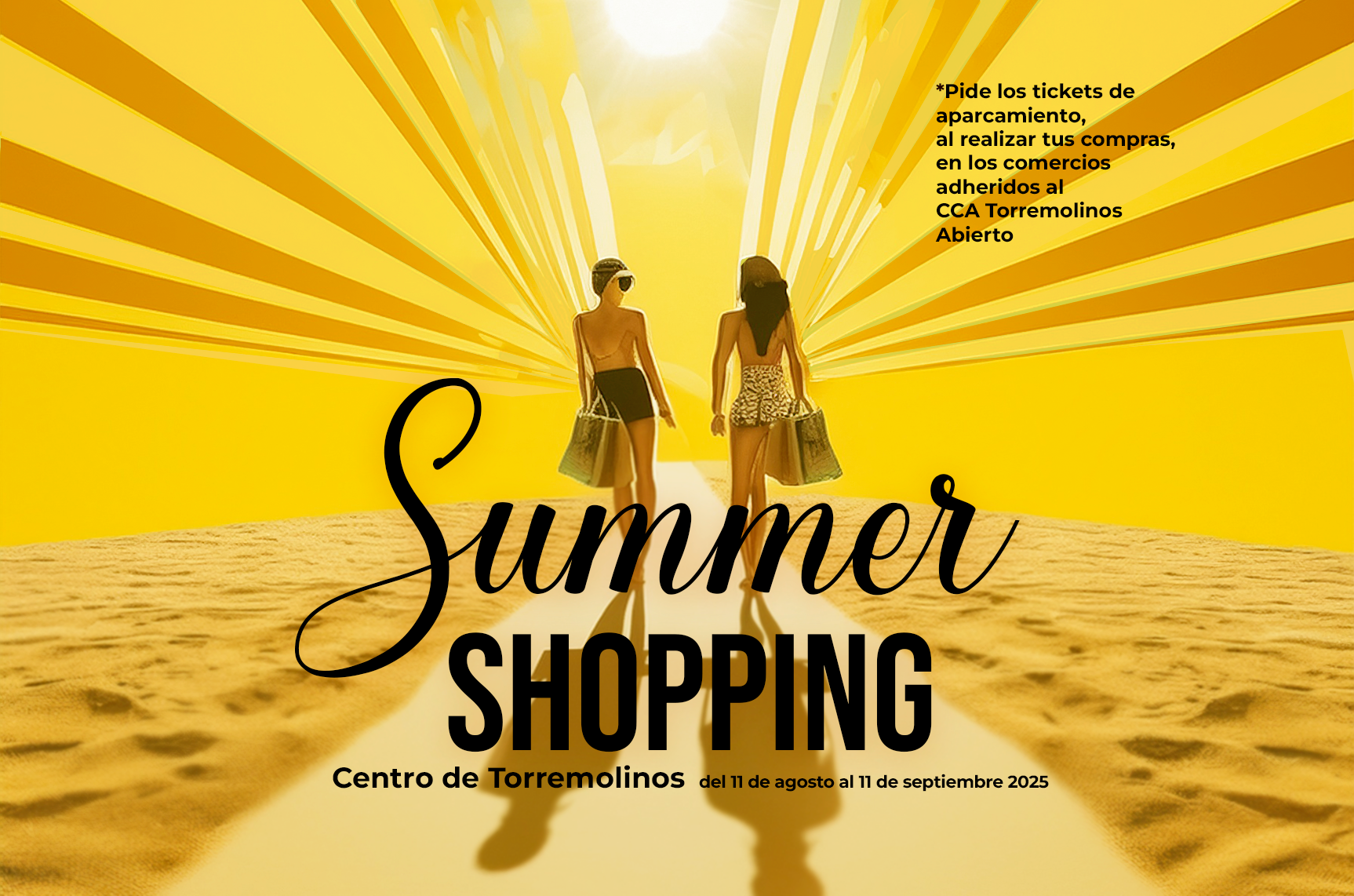 Promoción Summer Shopping 2025 en el centro de Torremolinos, del 11 de agosto al 11 de septiembre, con compras de rebajas y tickets de aparcamiento gratis en comercios locales.