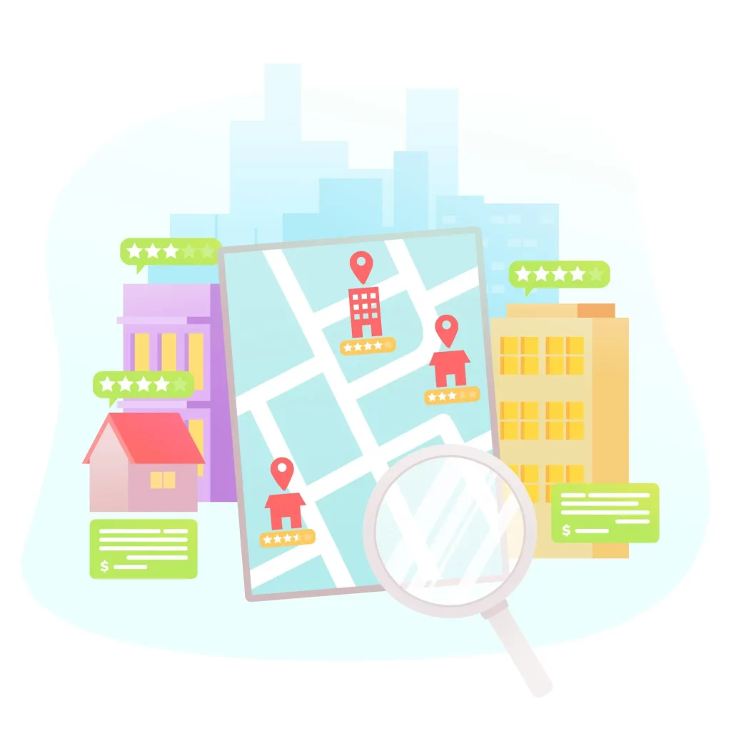 Ilustración conceptual de SEO local que muestra un mapa digital con pines de ubicación rojos sobre edificios, burbujas de valoración con estrellas verdes y una lupa de búsqueda, representando la gestión de un perfil de Google Business para atraer clientes de paso en Torremolinos.