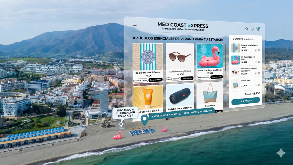 ¿Tienda física? Por qué necesitas web en 2026 Una toma aérea compuesta de la costa de Torremolinos, España, con la playa de El Bajondillo, edificios de la ciudad y montañas al fondo. Superpuesta, una interfaz de usuario transparente para "MED COAST EXPRESS" ("TU MERCADO LOCAL EN TORREMOLINOS") muestra una sección titulada "ARTÍCULOS ESENCIALES DE VERANO PARA TU ESTANCIA". Esta cuadrícula de productos incluye toallas de playa, gafas de sol, flotadores de flamenco, protector solar, altavoces portátiles y bolsas de playa con precios y botones de compra. A la derecha, un panel de "TU CARRITO" detalla 4 artículos, un total de 145.50€, y un botón "IR A PAGAR". Dos pines de ubicación GPS flotan sobre la playa: uno sobre un flotador de flamenco en el agua y otro sobre tumbonas. Burbujas de texto flotantes conectadas dicen "ENVIANDO A TU UBICACIÓN FÍSICA AQUÍ" y "¡ENVÍO RÁPIDO A TU HOTEL O APARTAMENTO EN MINUTOS!", ilustrando un servicio de entrega hiper-local e instantáneo de artículos de playa.