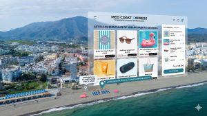 ¿Tienda física? Por qué necesitas web en 2026 Una toma aérea compuesta de la costa de Torremolinos, España, con la playa de El Bajondillo, edificios de la ciudad y montañas al fondo. Superpuesta, una interfaz de usuario transparente para "MED COAST EXPRESS" ("TU MERCADO LOCAL EN TORREMOLINOS") muestra una sección titulada "ARTÍCULOS ESENCIALES DE VERANO PARA TU ESTANCIA". Esta cuadrícula de productos incluye toallas de playa, gafas de sol, flotadores de flamenco, protector solar, altavoces portátiles y bolsas de playa con precios y botones de compra. A la derecha, un panel de "TU CARRITO" detalla 4 artículos, un total de 145.50€, y un botón "IR A PAGAR". Dos pines de ubicación GPS flotan sobre la playa: uno sobre un flotador de flamenco en el agua y otro sobre tumbonas. Burbujas de texto flotantes conectadas dicen "ENVIANDO A TU UBICACIÓN FÍSICA AQUÍ" y "¡ENVÍO RÁPIDO A TU HOTEL O APARTAMENTO EN MINUTOS!", ilustrando un servicio de entrega hiper-local e instantáneo de artículos de playa.
