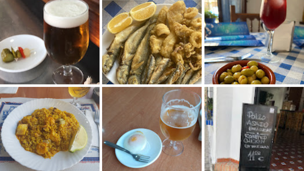 diferentes platos entre ellos hay paella, gilda, pescaito frito, y caña