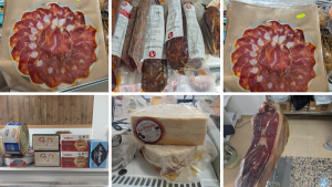 collage de embutidos de la montanera de torremolinos socio de la acet. De izquierda a derecha hay, lomo, embutido enrollado de lomo y chorizo, lomo cortado, latas de atun y berberechos, queso cortado por la mitad y pata de jamon