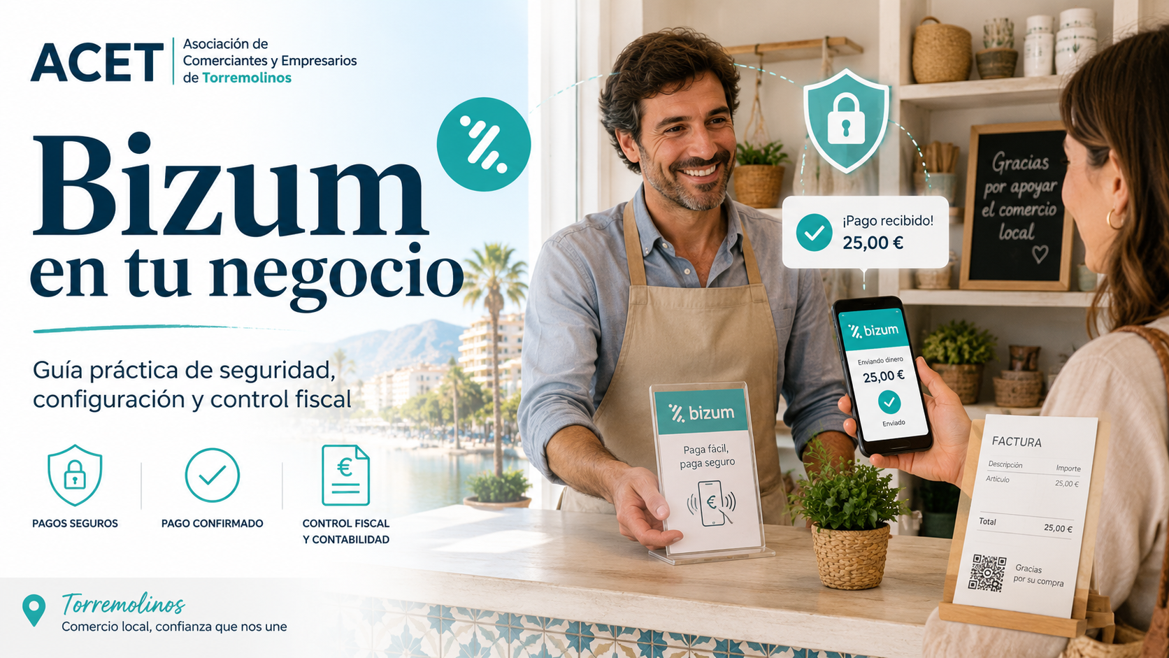 Imagen de un comercio local en Torremolinos donde una clienta paga con Bizum desde su móvil y el comerciante confirma el pago recibido, destacando la seguridad, la rapidez y el control fiscal en los negocios.