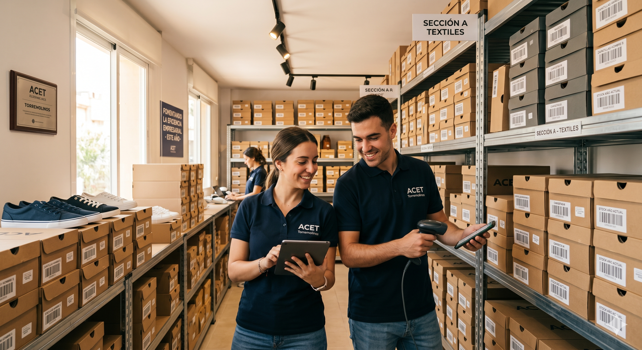 Fotografía de dos empleados jóvenes con polos corporativos de la ACET trabajando en equipo en el almacén de una zapatería en Torremolinos, implementando un método de inventario rápido y eficiente. La empleada de la izquierda sonríe mientras introduce datos en una tablet digital, mientras que el empleado de la derecha utiliza un lector de códigos de barras de mano frente a estanterías metálicas repletas de cajas de zapatos perfectamente ordenadas y etiquetadas. Al fondo, una tercera empleada trabaja con un ordenador portátil, y en la pared se aprecia un cartel azul que destaca la eficiencia empresarial. Asociacion de comerciantes y empresarios de torremolinos. ACET