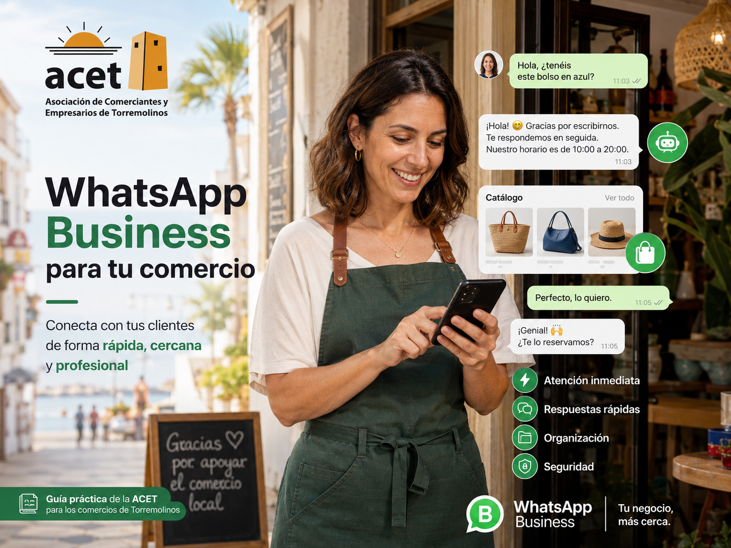 Comerciante de Torremolinos utilizando WhatsApp Business en su teléfono móvil para atender consultas, enviar respuestas rápidas, mostrar su catálogo de productos y gestionar pedidos, dentro de una guía práctica elaborada por la ACET para mejorar la comunicación con los clientes.