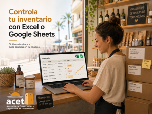 Comerciante de Torremolinos gestionando el inventario de su negocio en un ordenador portátil mediante una hoja de cálculo de Excel o Google Sheets, mientras revisa el stock, las ventas y los productos que necesitan reposición.
